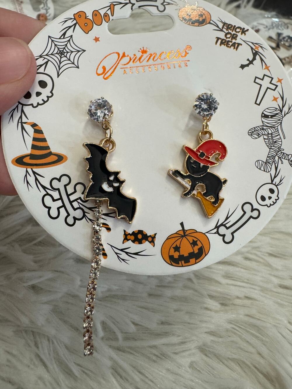Halloween earrings with black bat and black cat witch designs
